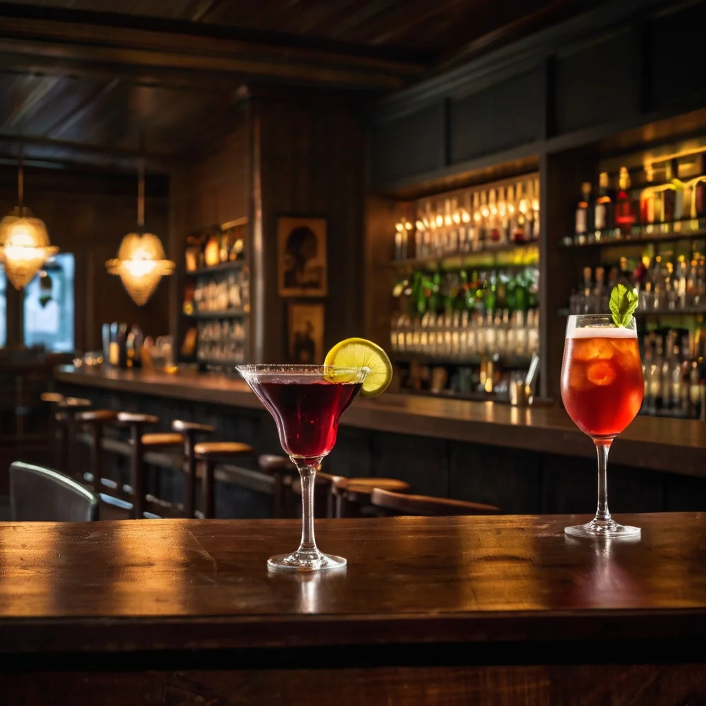 Happy Hour bar scene with drinks, cocktails, beer, and wine in warm lighting